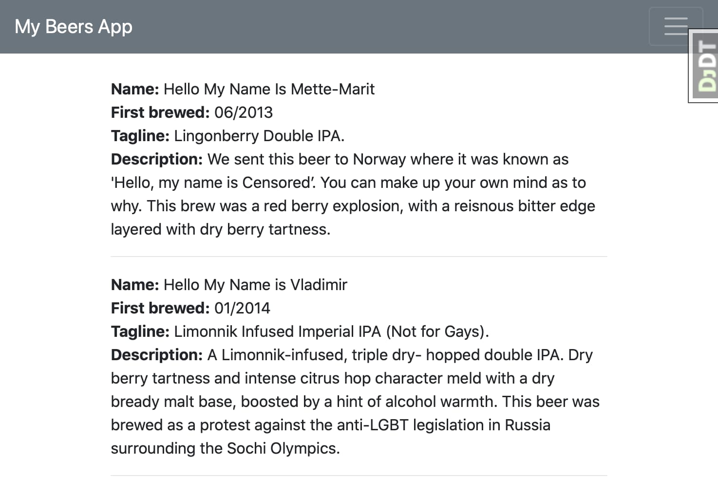 Screenshot of beer app