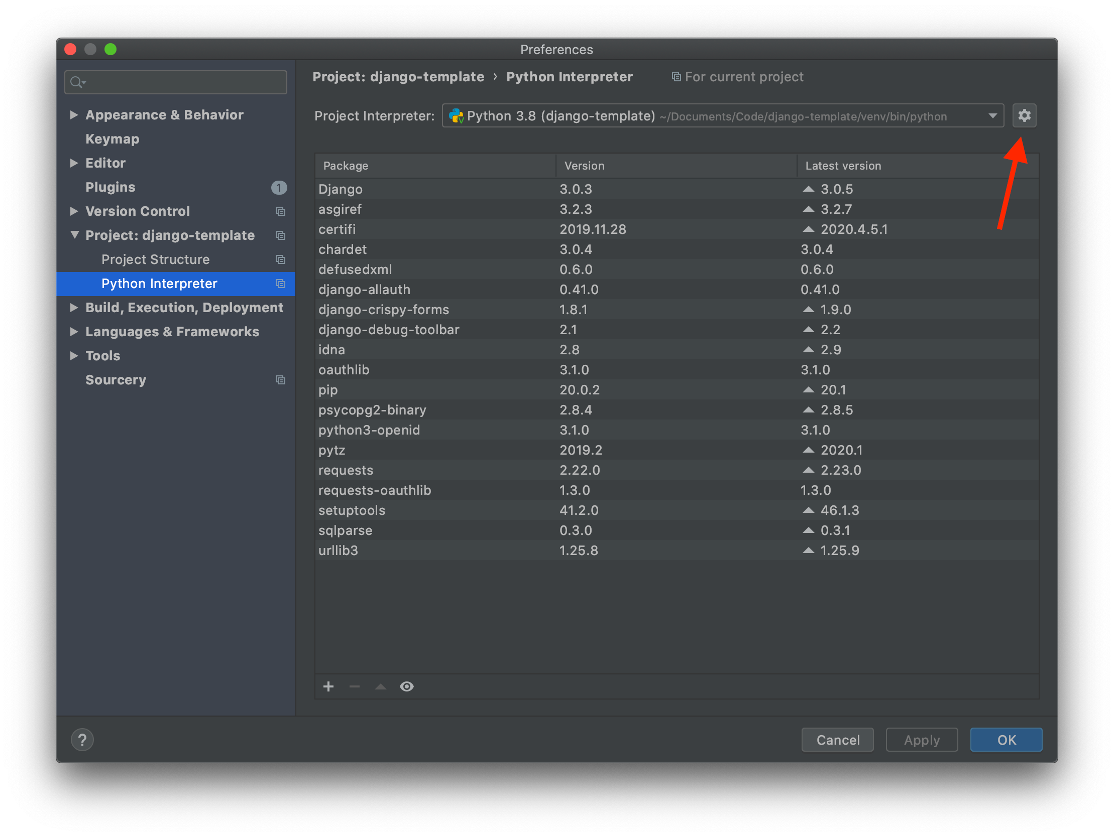 PyCharm preferences interpreter